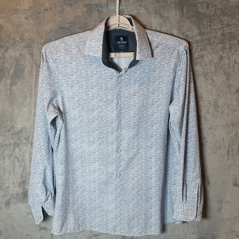Tom Baine Performance Shirt Men L 16-16.5 Blue Floral Slim Fit Stretch